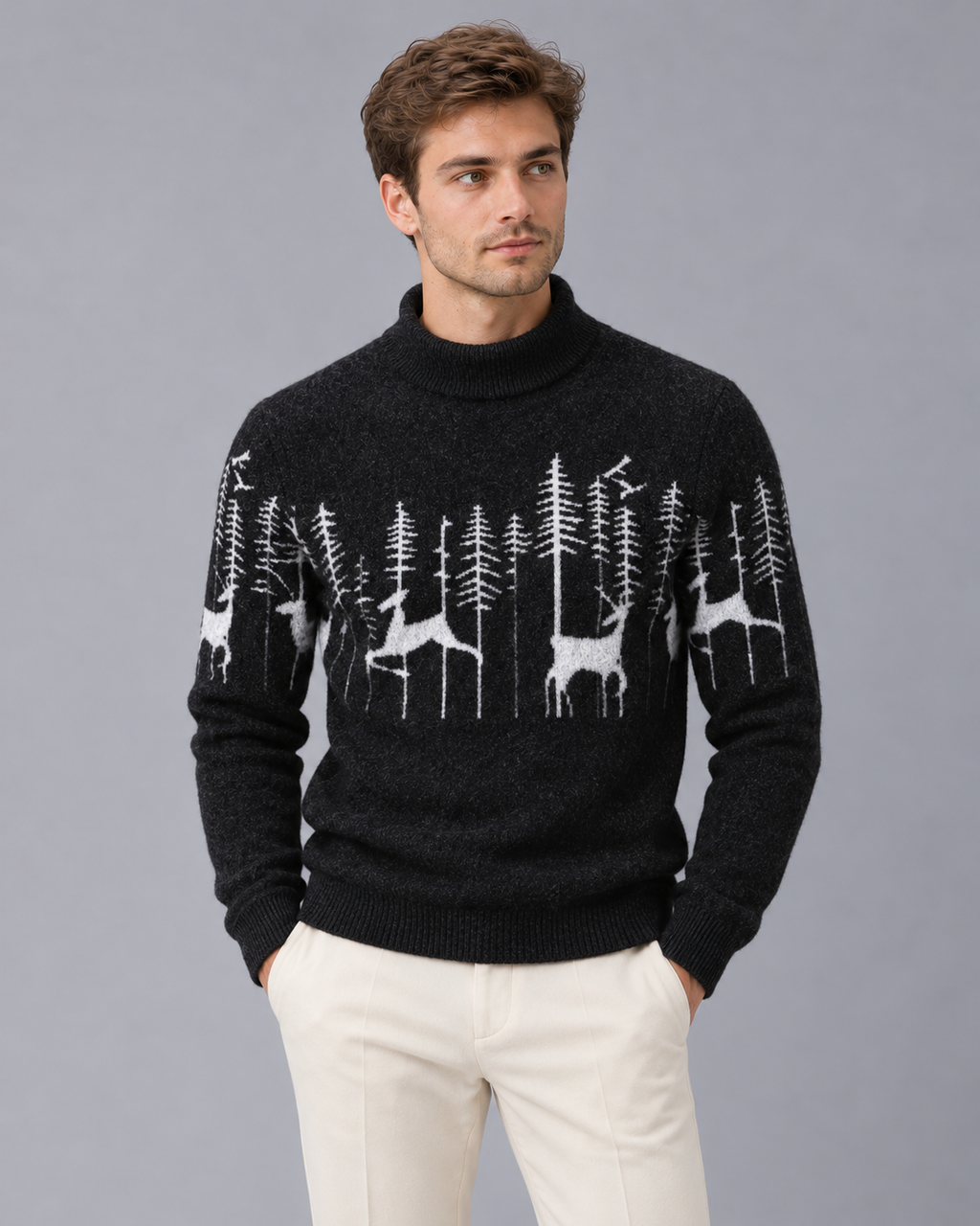 Men's Reindeer Mock Neck Christmas Jumper-Sweater-Azzella London