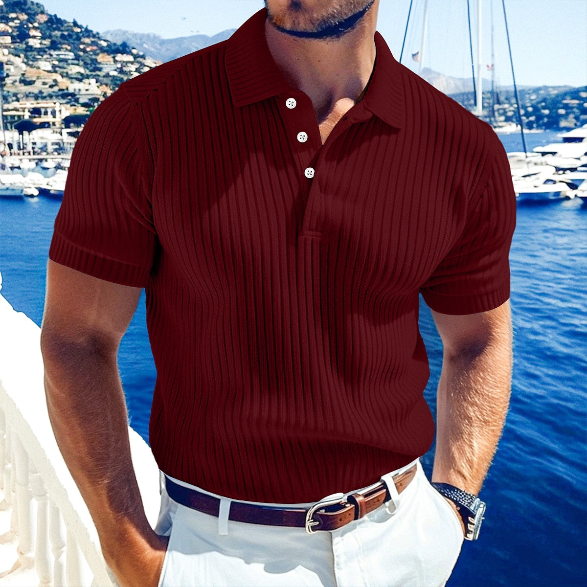 Men's Ribbed Knit Polo-Polo Shirt-Azzella London