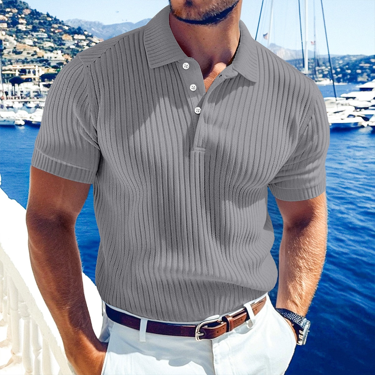Men's Ribbed Knit Polo-Polo Shirt-Azzella London