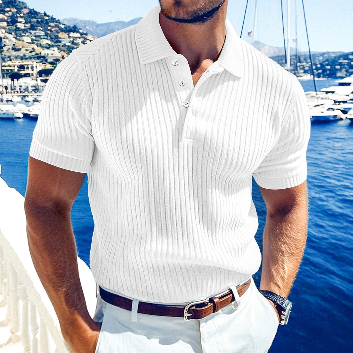 Men's Ribbed Knit Polo-Polo Shirt-Azzella London