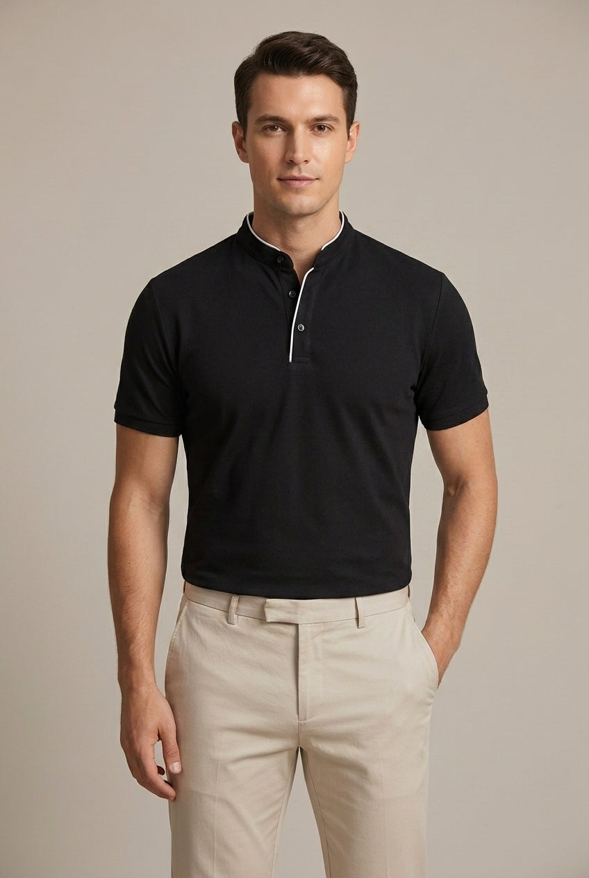 Men's Slim-Fit Mandarin Collar Polo-Polo Shirt-Azzella London