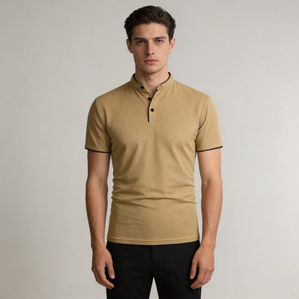 Men's Slim-Fit Mandarin Collar Polo-Polo Shirt-Azzella London