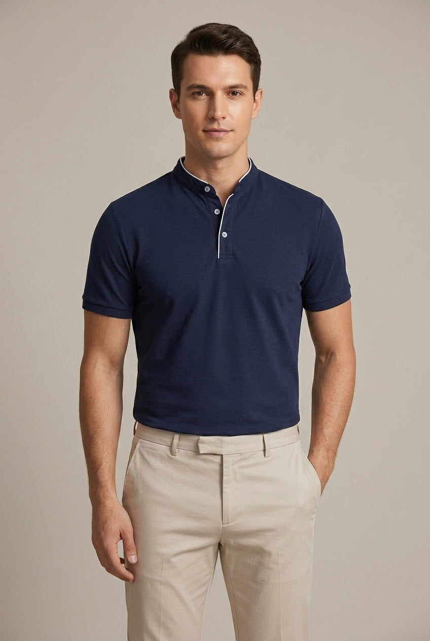 Men's Slim-Fit Mandarin Collar Polo-Polo Shirt-Azzella London