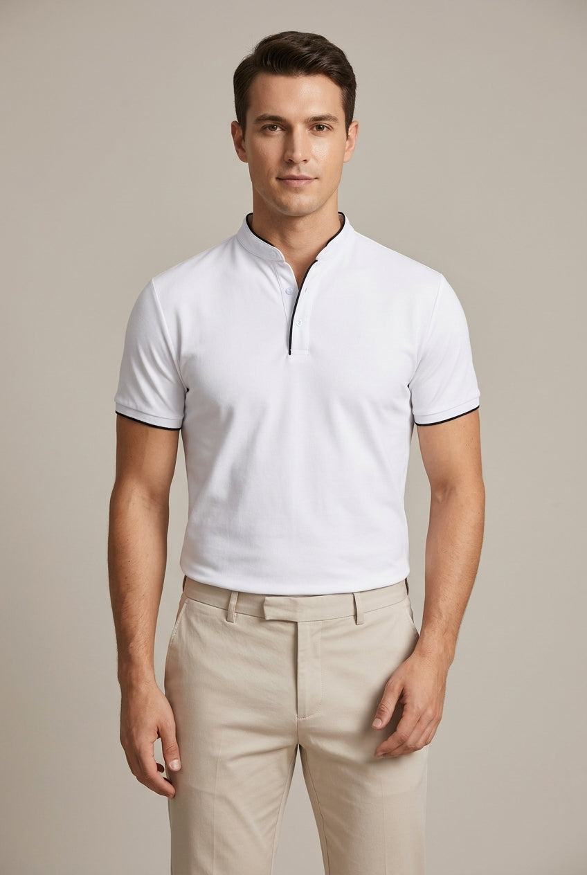 Men's Slim-Fit Mandarin Collar Polo-Polo Shirt-Azzella London