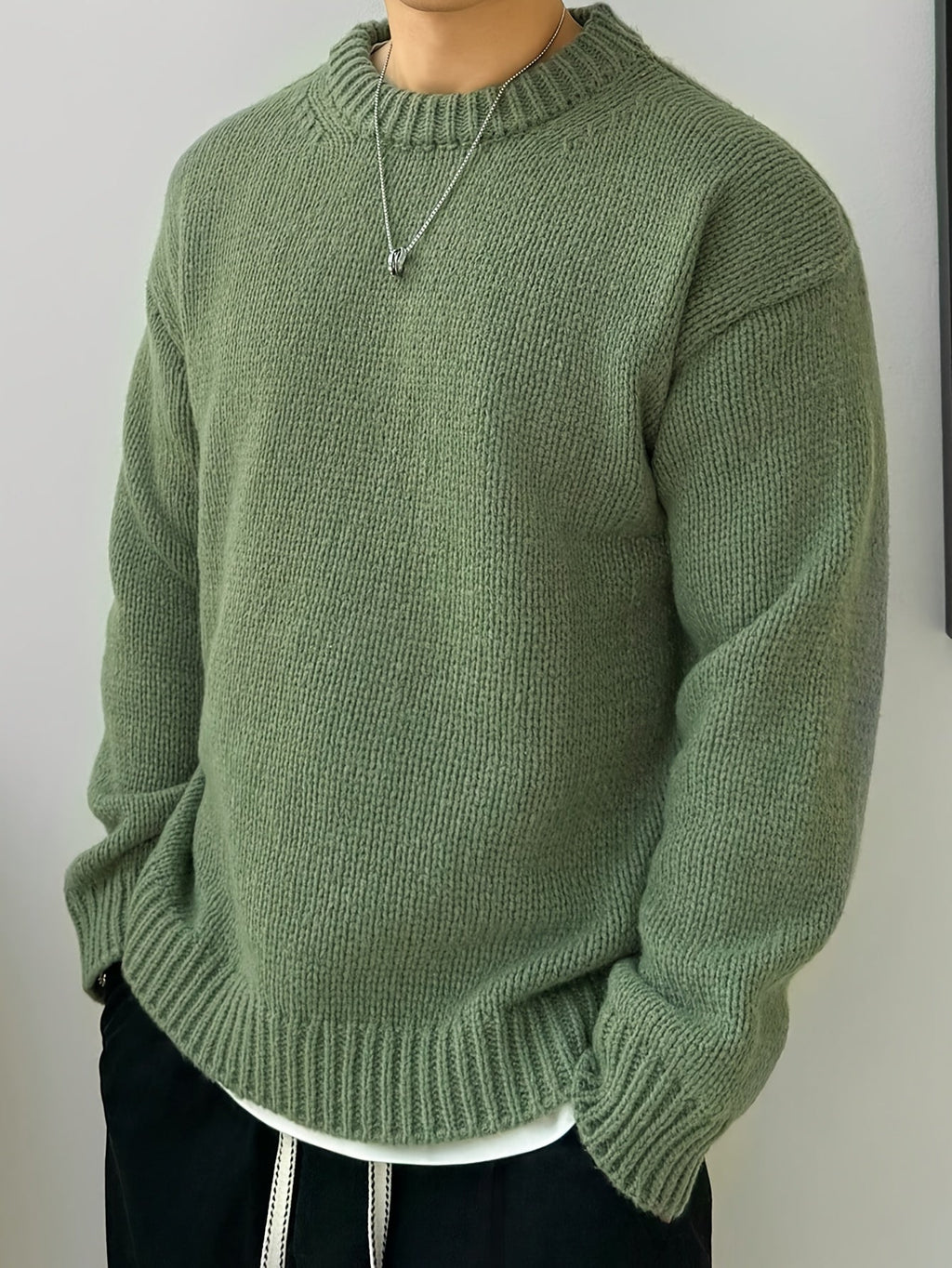 Men's Solid Knit Crewneck Sweater-Sweater-Azzella London