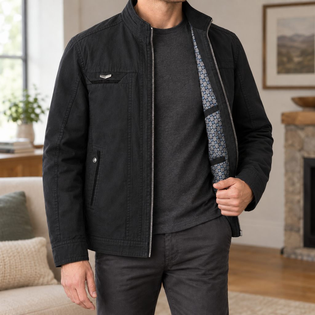 Men's Stand Collar Jacket Cotton Black 1-Azzella London