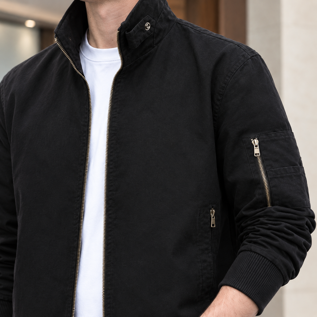 Men's Stand Collar Jacket Woven Black 1-Azzella London