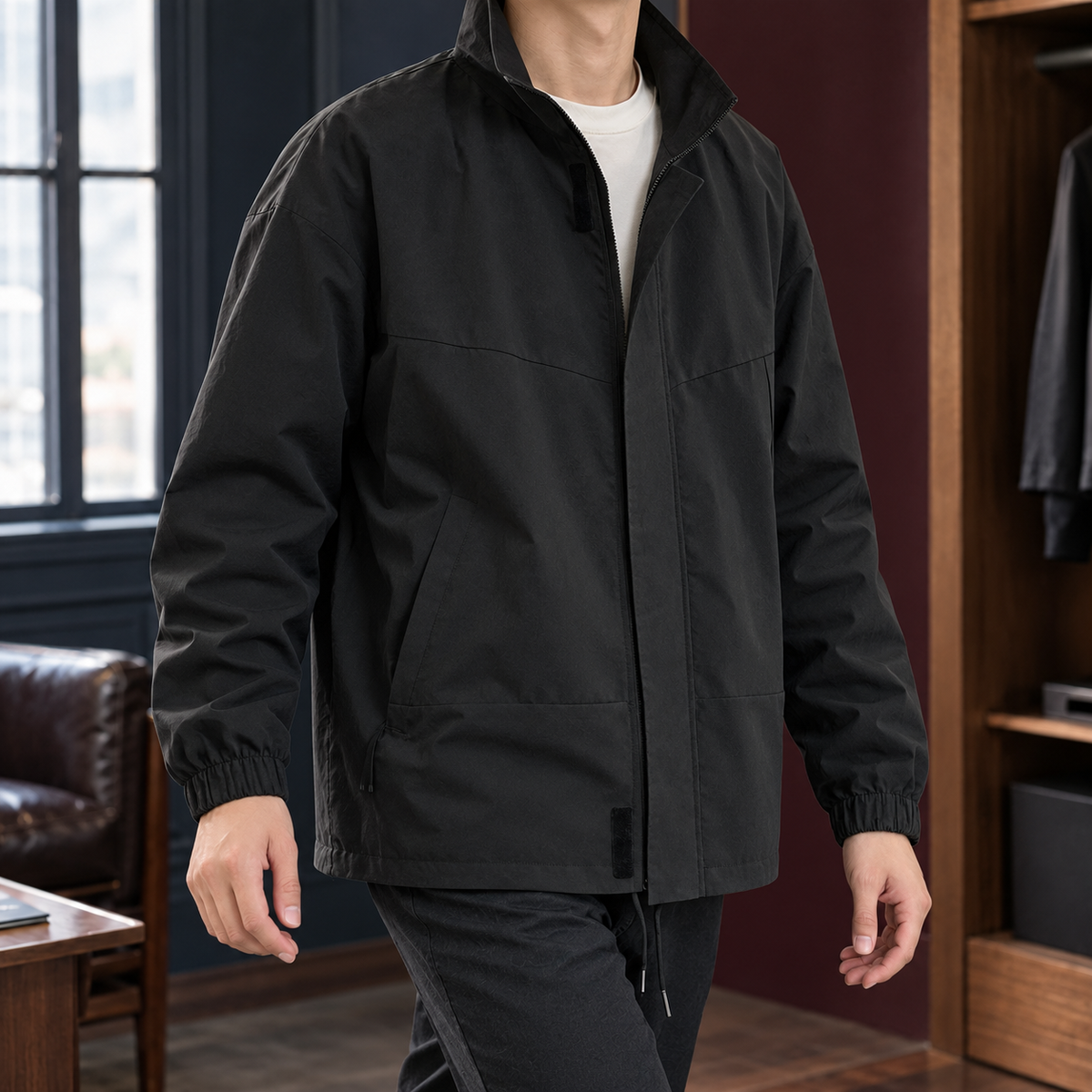 Men's Stand Collar Jacket Woven Black 2-Azzella London