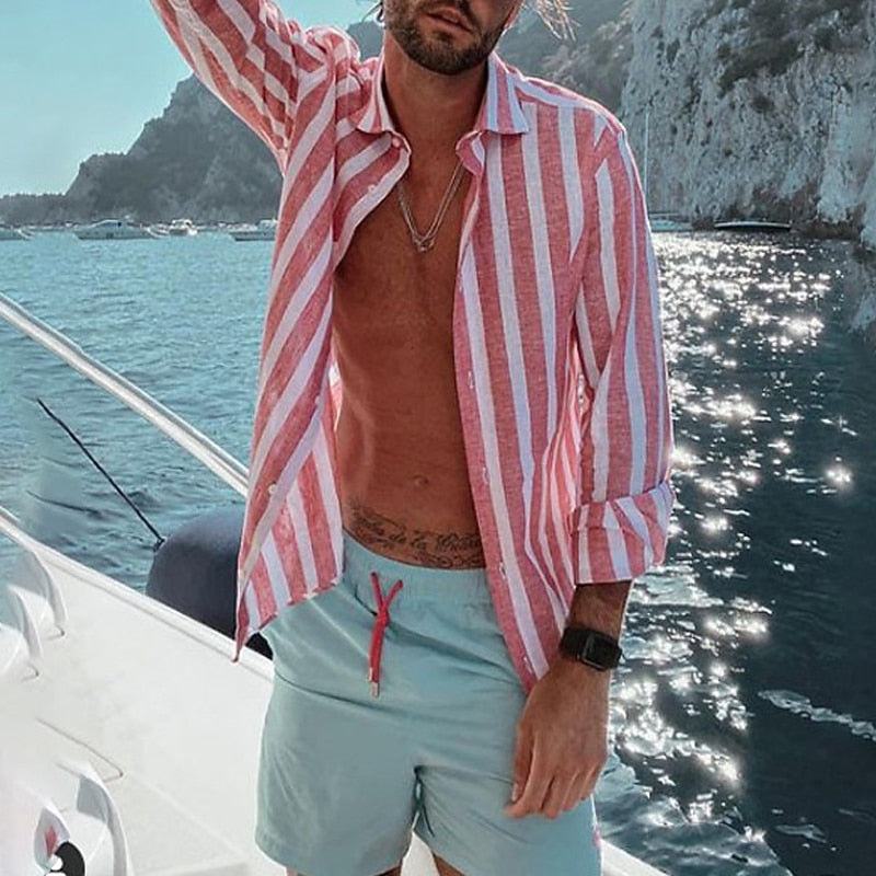 Men's Striped Cotton-Linen Shirt-Shirt-Azzella London