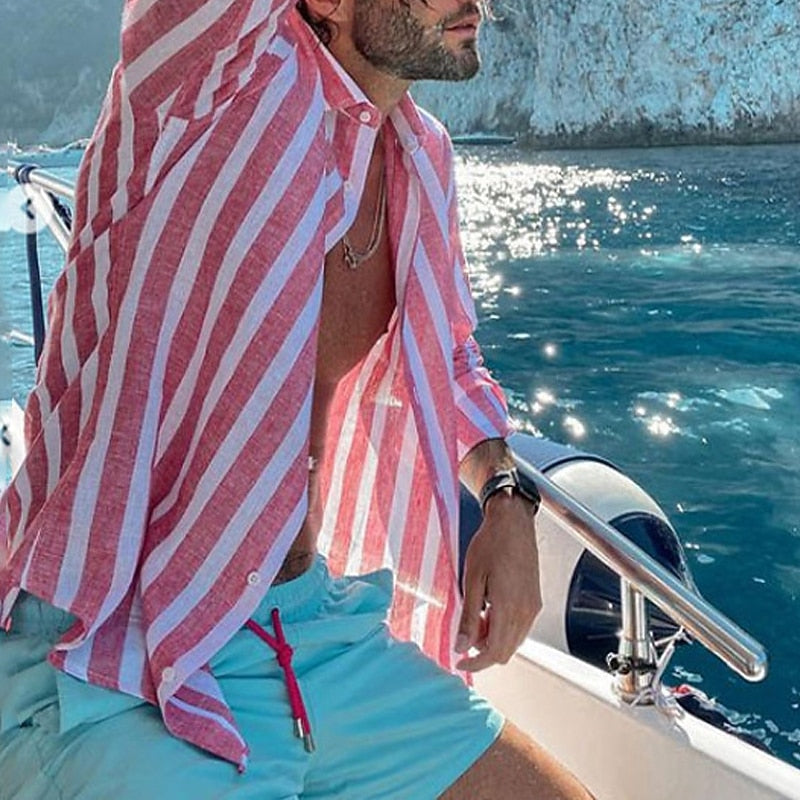 Men's Striped Cotton-Linen Shirt-Shirt-Azzella London