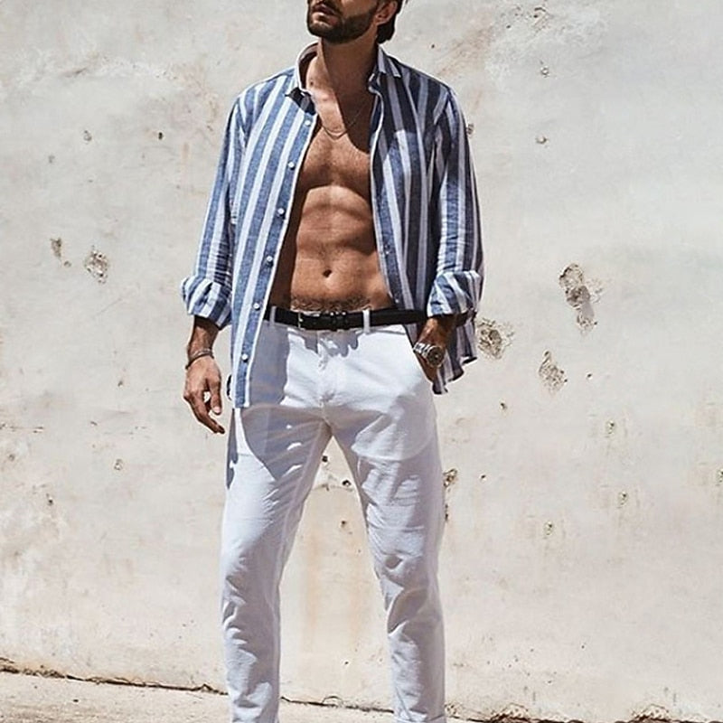 Men's Striped Cotton-Linen Shirt-Shirt-Azzella London