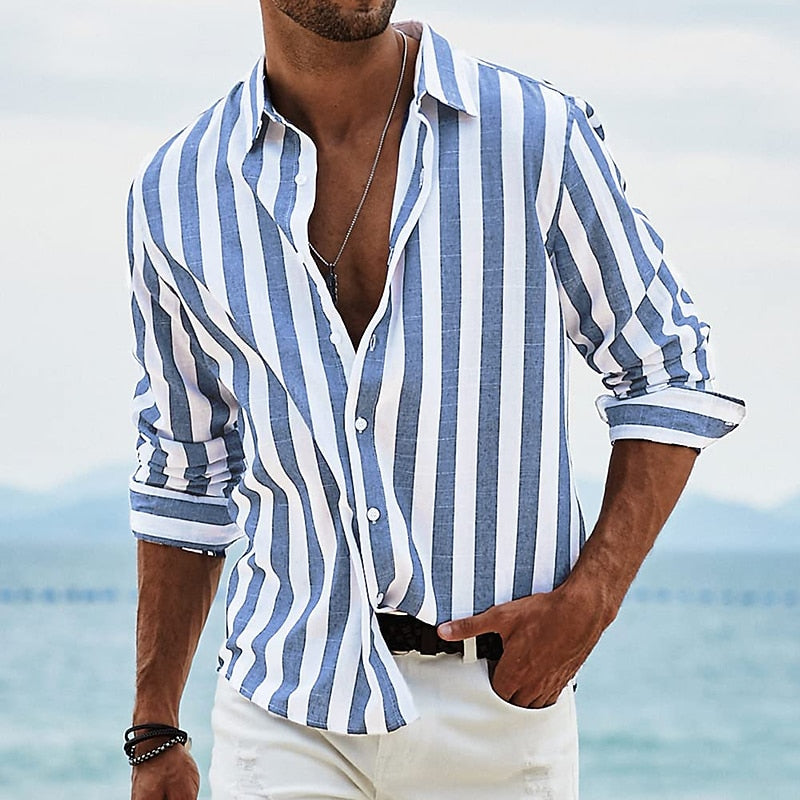 Men's Striped Cotton-Linen Shirt-Shirt-Azzella London