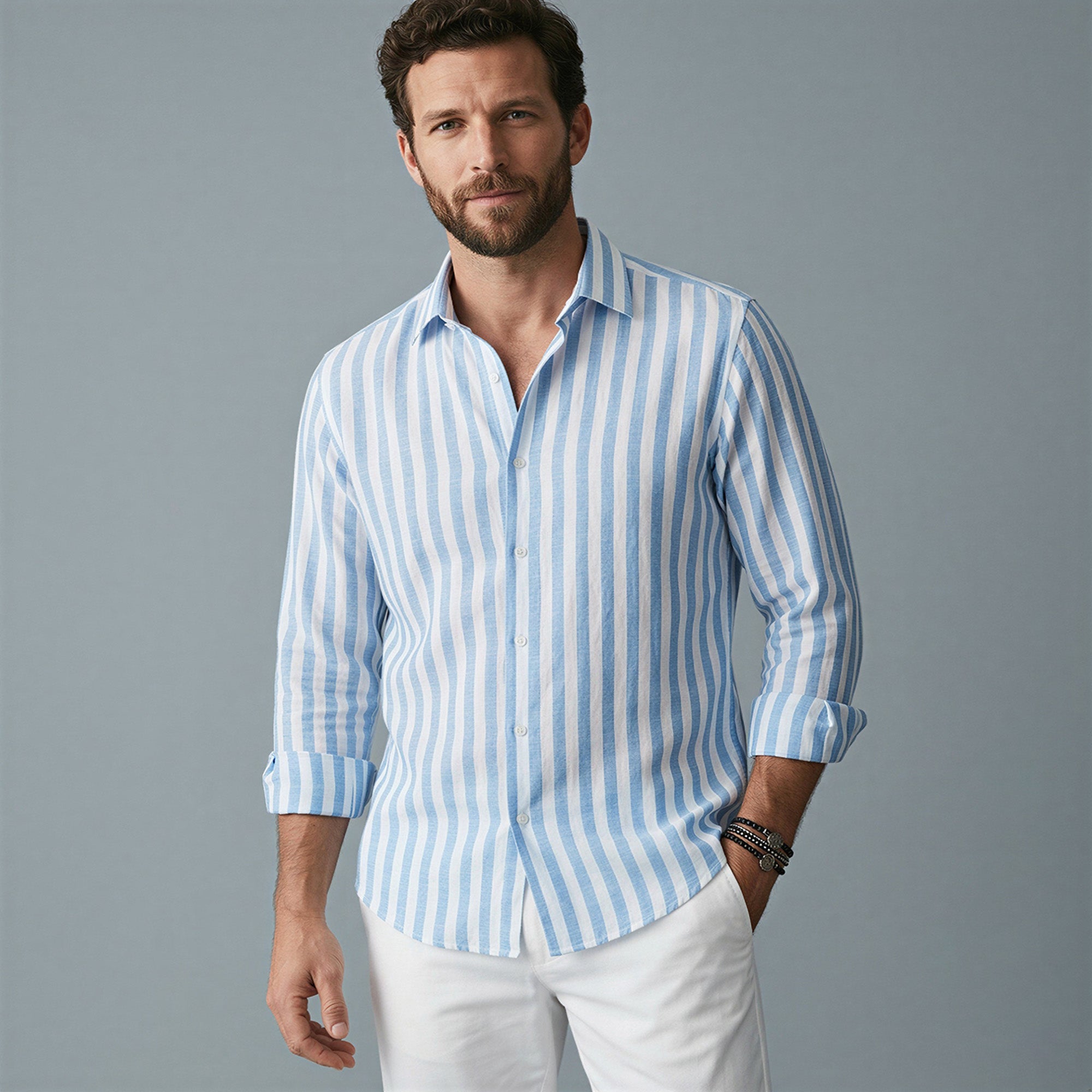 Men's Striped Long-Sleeve Shirt-Azzella London