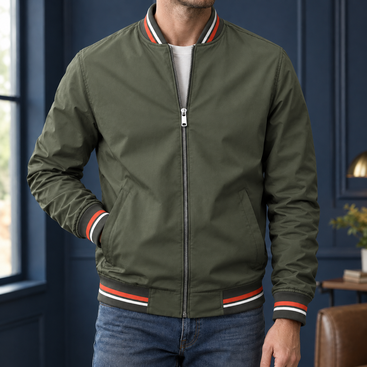 Men's Striped Ribbed Varsity Jacket-Azzella London