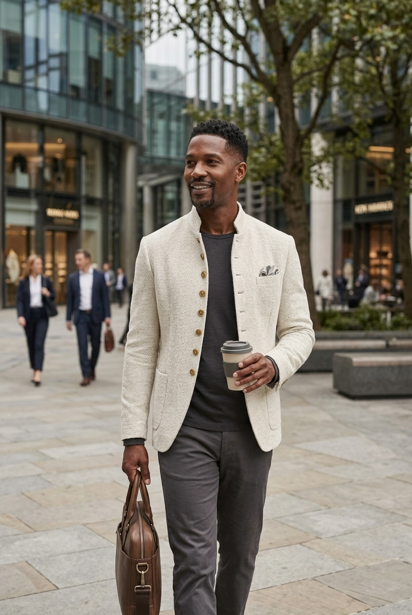 Men's Textured Mandarin Collar Blazer-Blazer-Azzella London