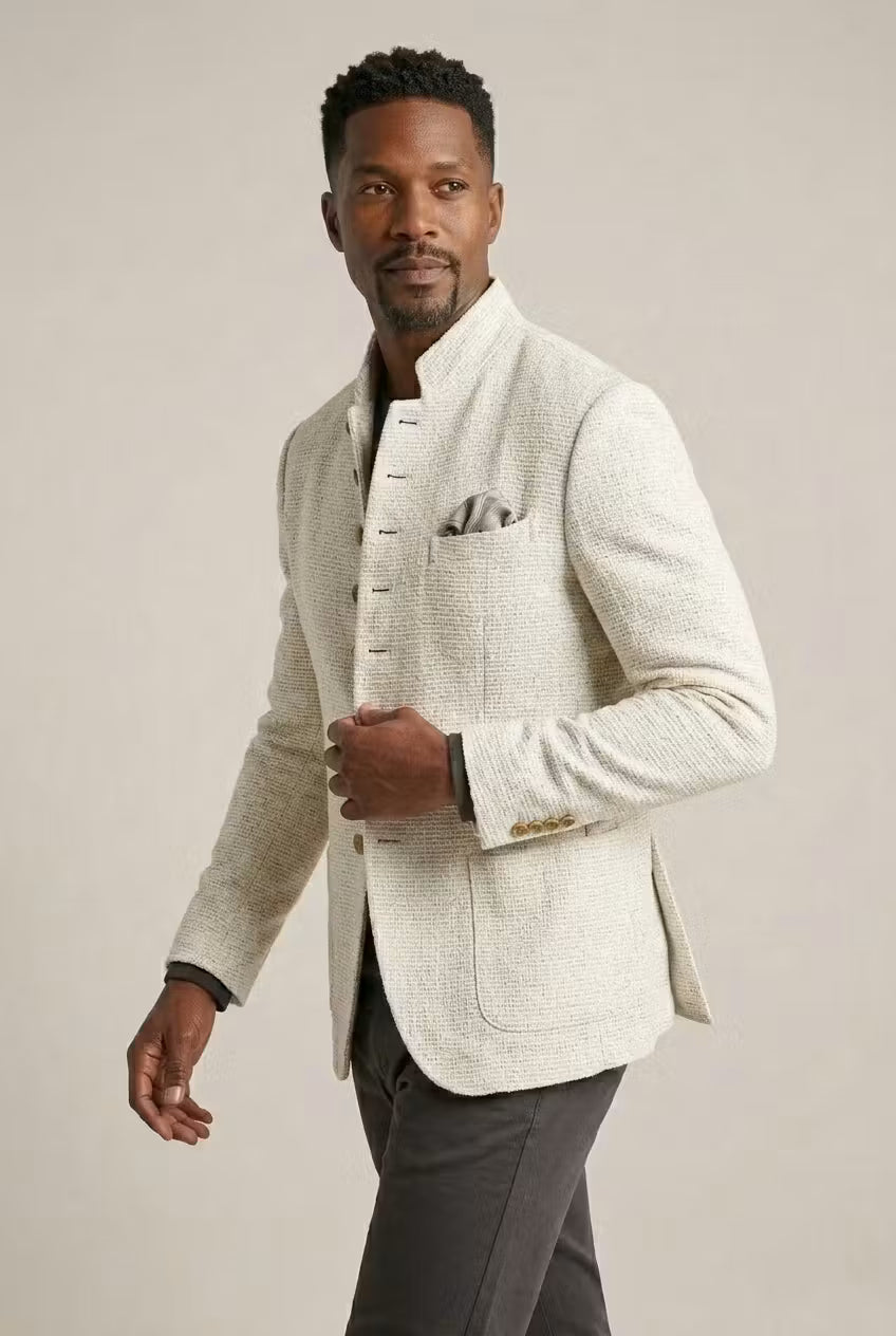 Men's Textured Mandarin Collar Blazer-Blazer-Azzella London