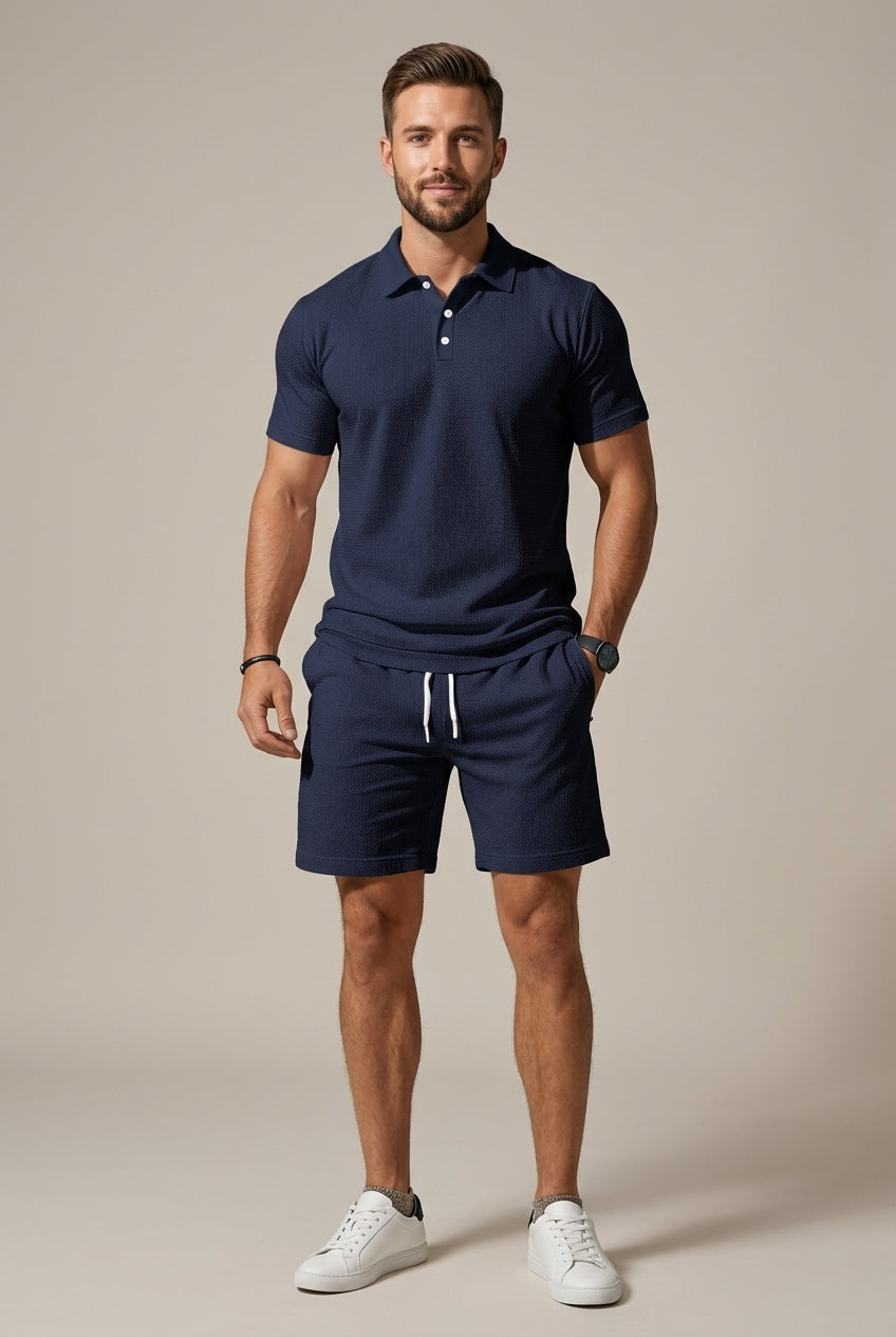 Men's Textured Polo & Shorts Set-Clothing Set-Azzella London