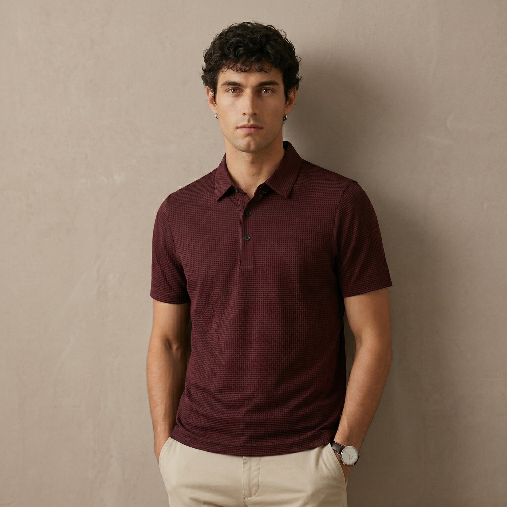 Men's Textured Short-Sleeve Button Polo Shirt-Azzella London
