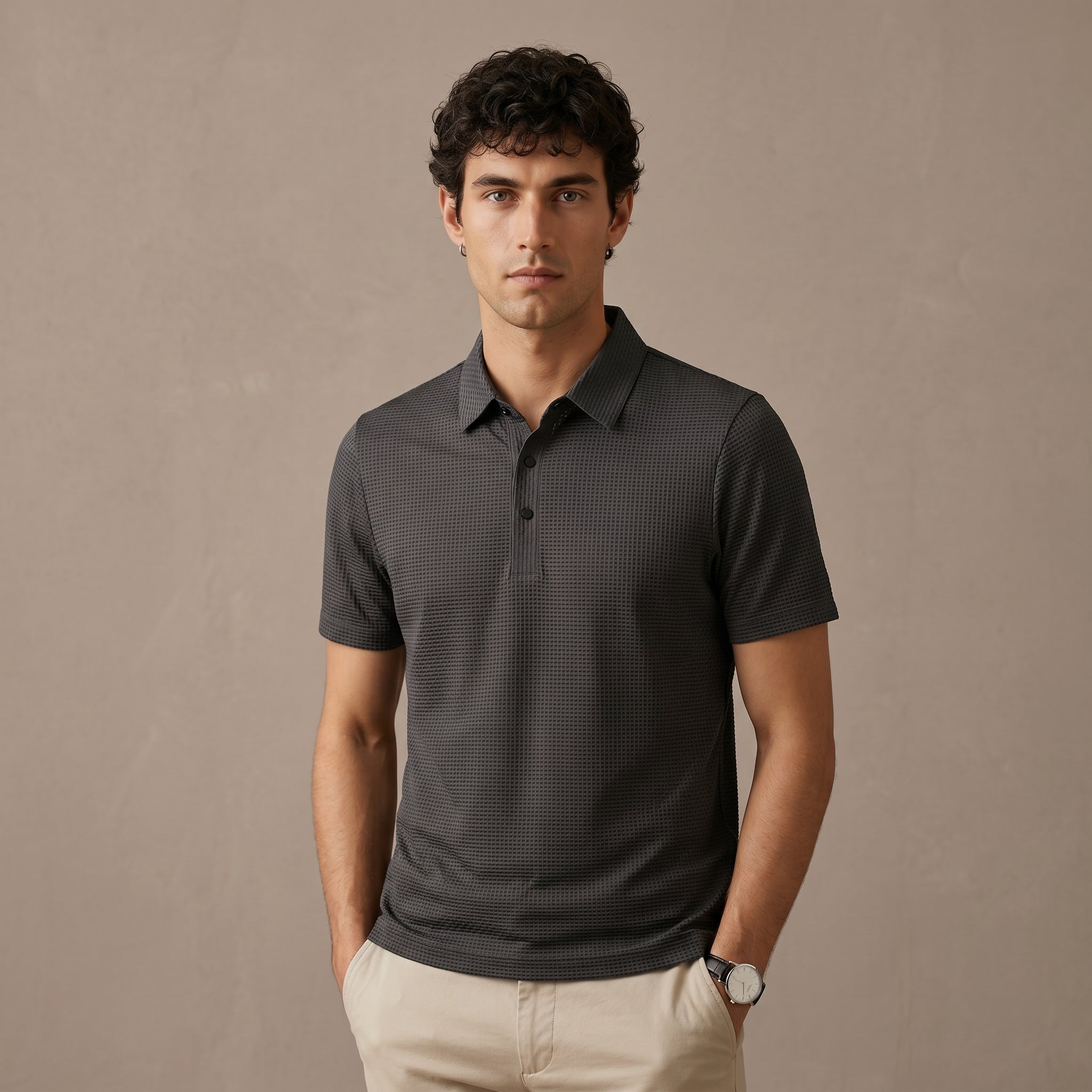 Men's Textured Short-Sleeve Button Polo Shirt-Azzella London