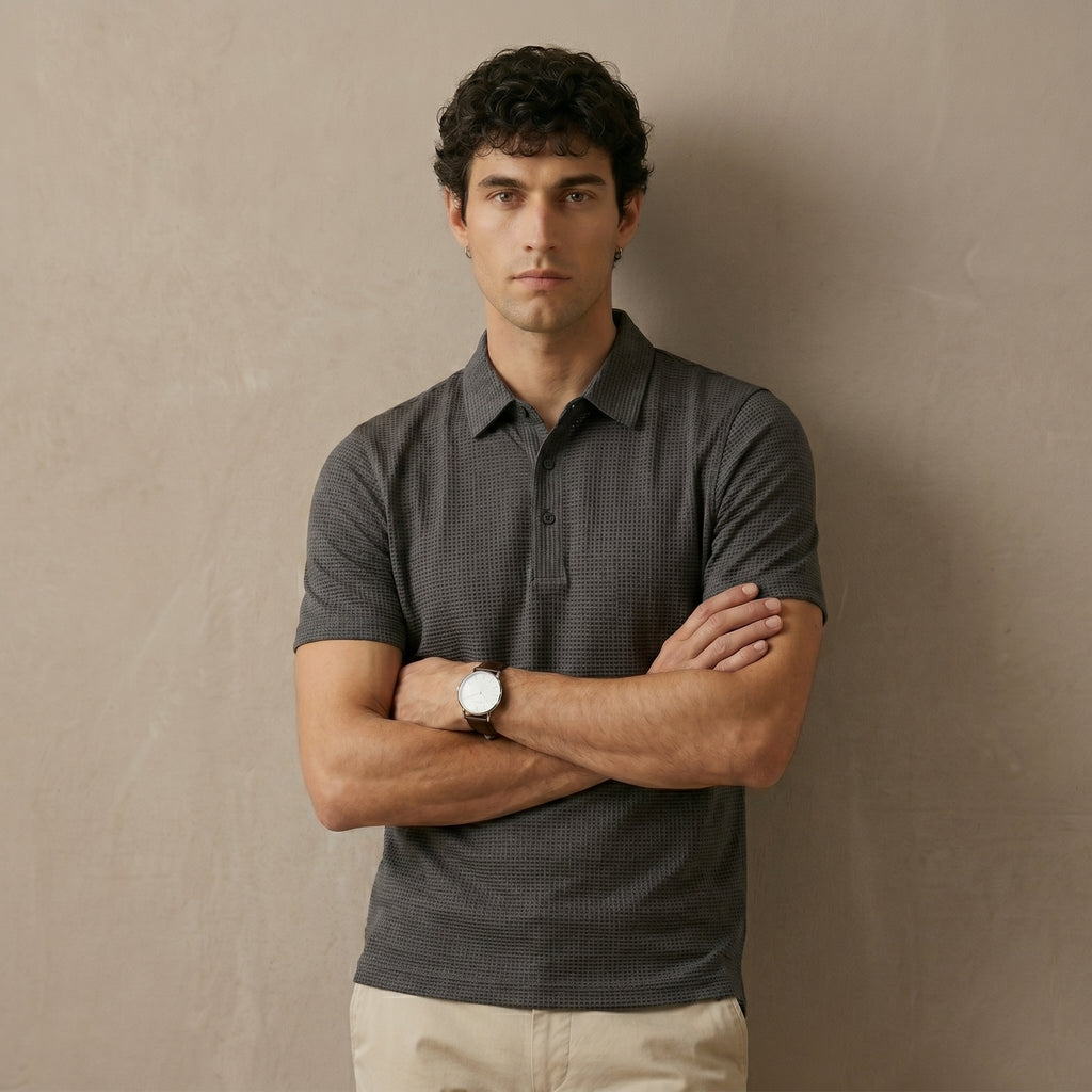 Men's Textured Short-Sleeve Button Polo Shirt-Azzella London