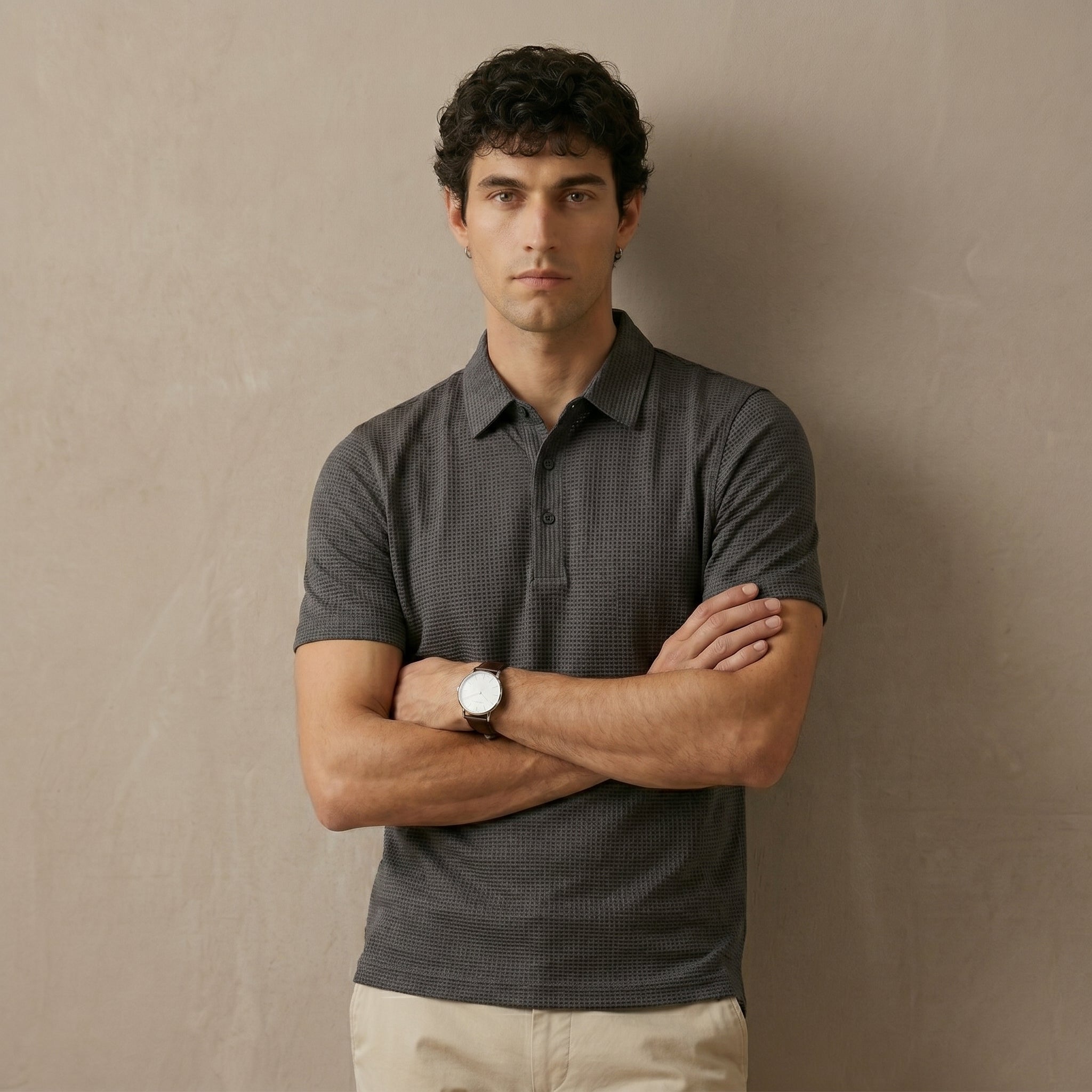 Men's Textured Short-Sleeve Button Polo Shirt-Azzella London