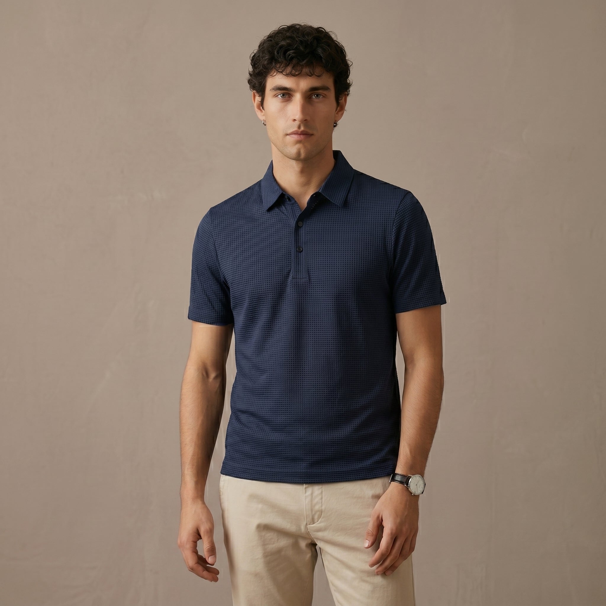 Men's Textured Short-Sleeve Button Polo Shirt-Azzella London