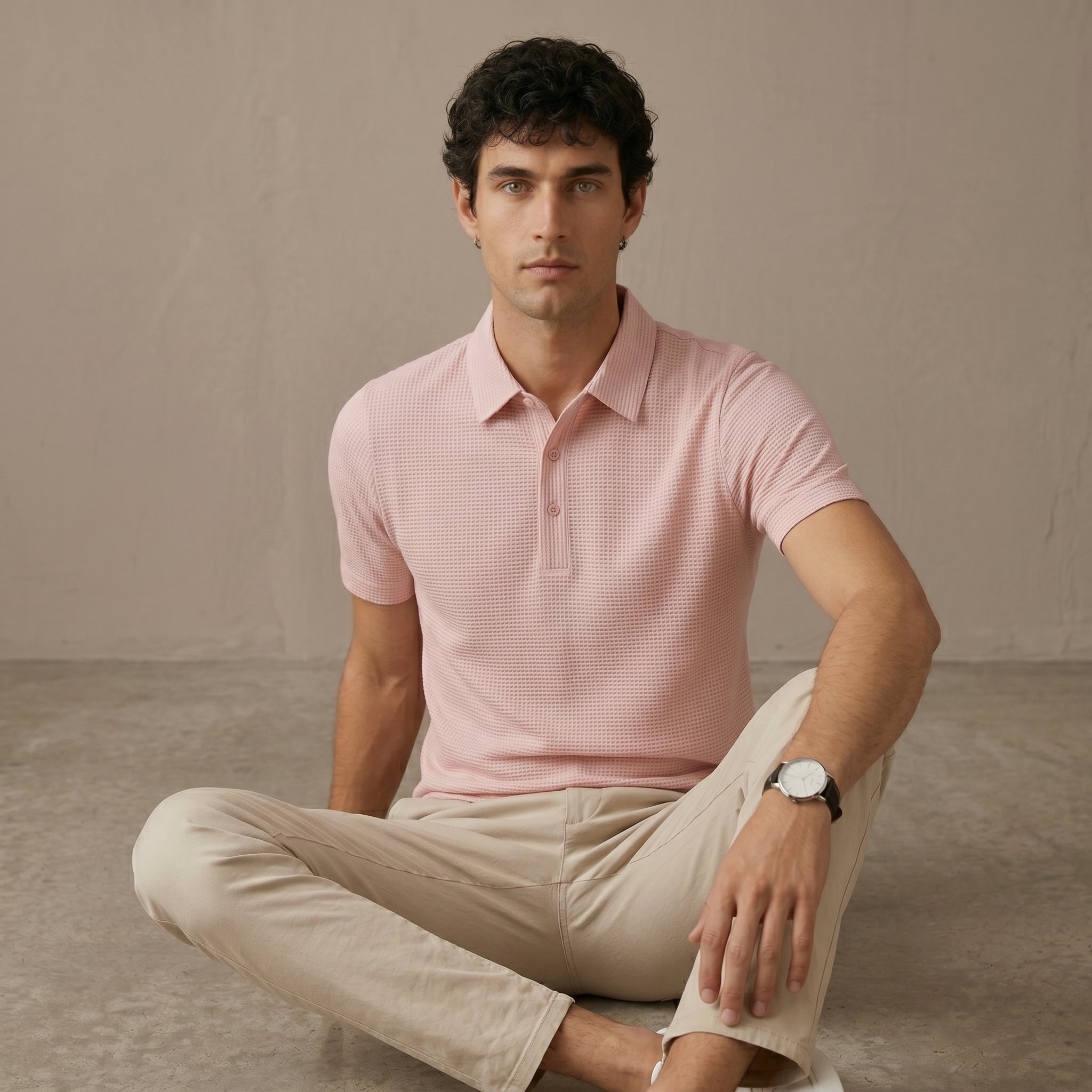 Men's Textured Short-Sleeve Button Polo Shirt-Azzella London