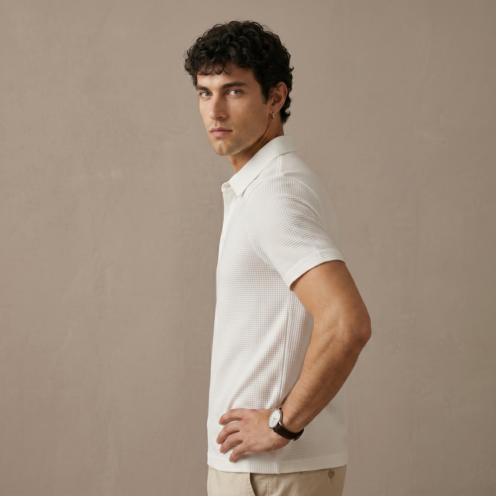 Men's Textured Short-Sleeve Button Polo Shirt-Azzella London