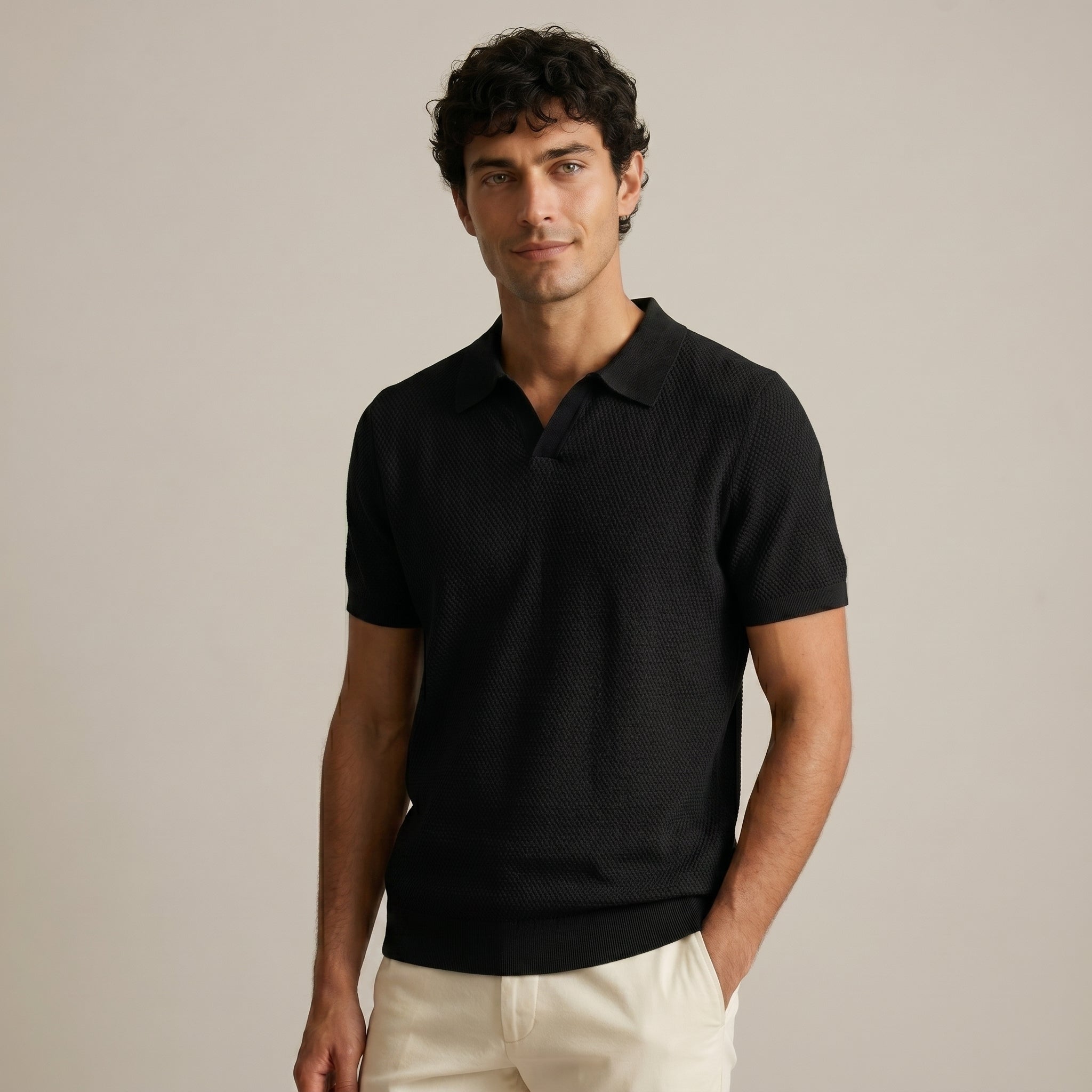Men's Textured Short-Sleeve Polo Shirt-Azzella London