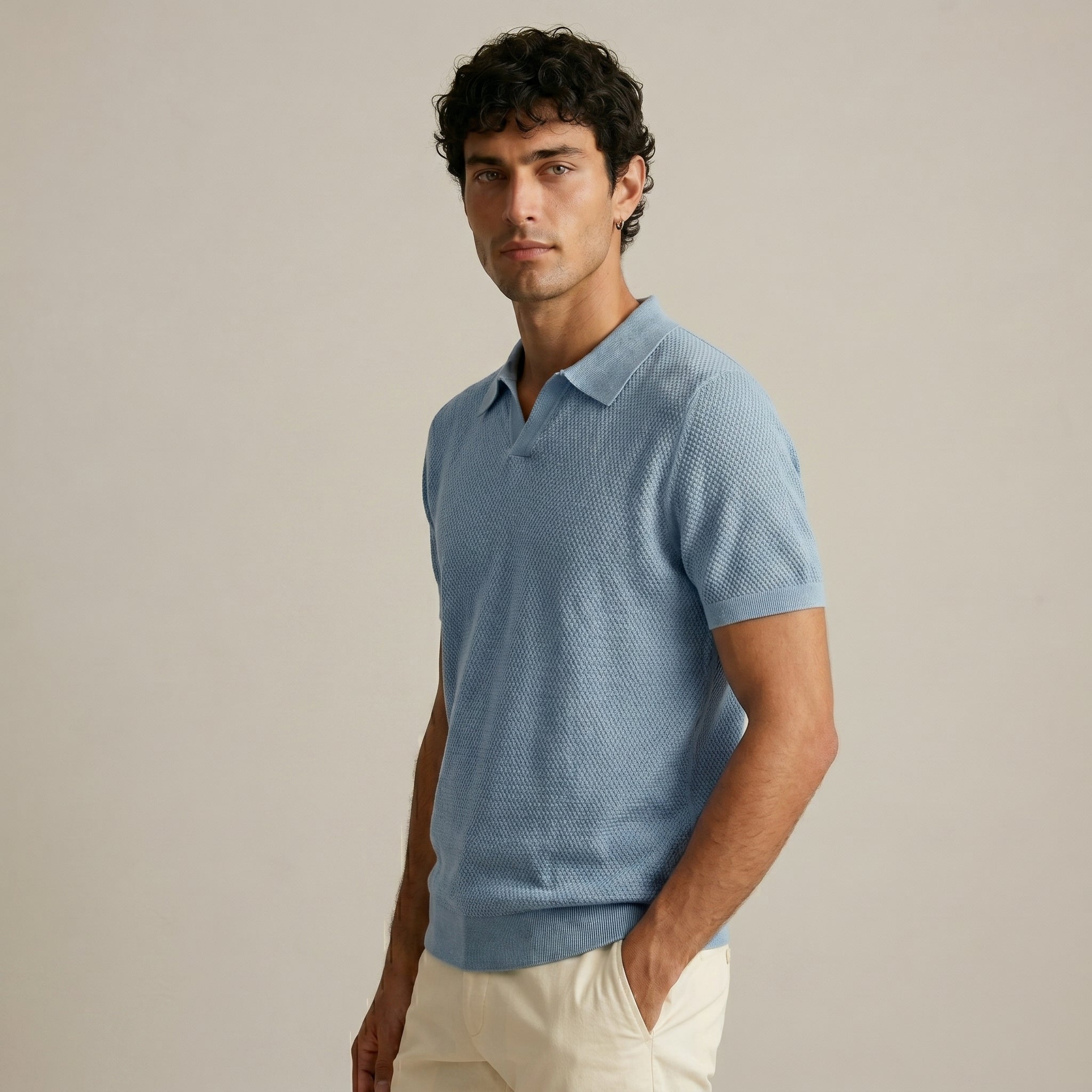 Men's Textured Short-Sleeve Polo Shirt-Azzella London