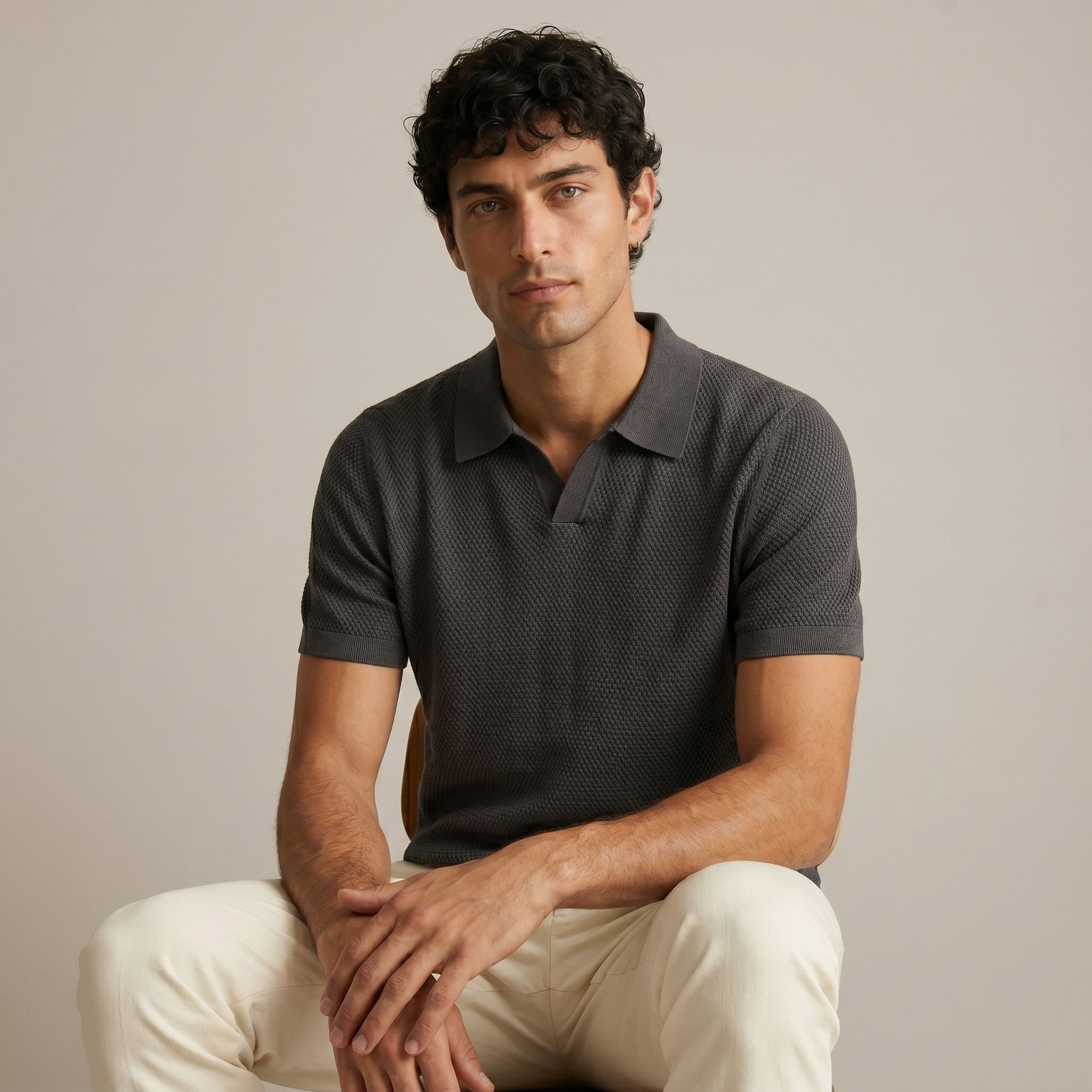 Men's Textured Short-Sleeve Polo Shirt-Azzella London