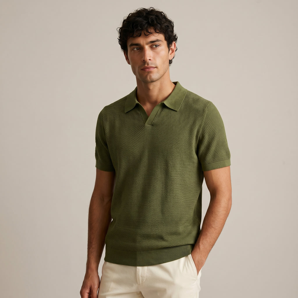 Men's Textured Short-Sleeve Polo Shirt-Azzella London