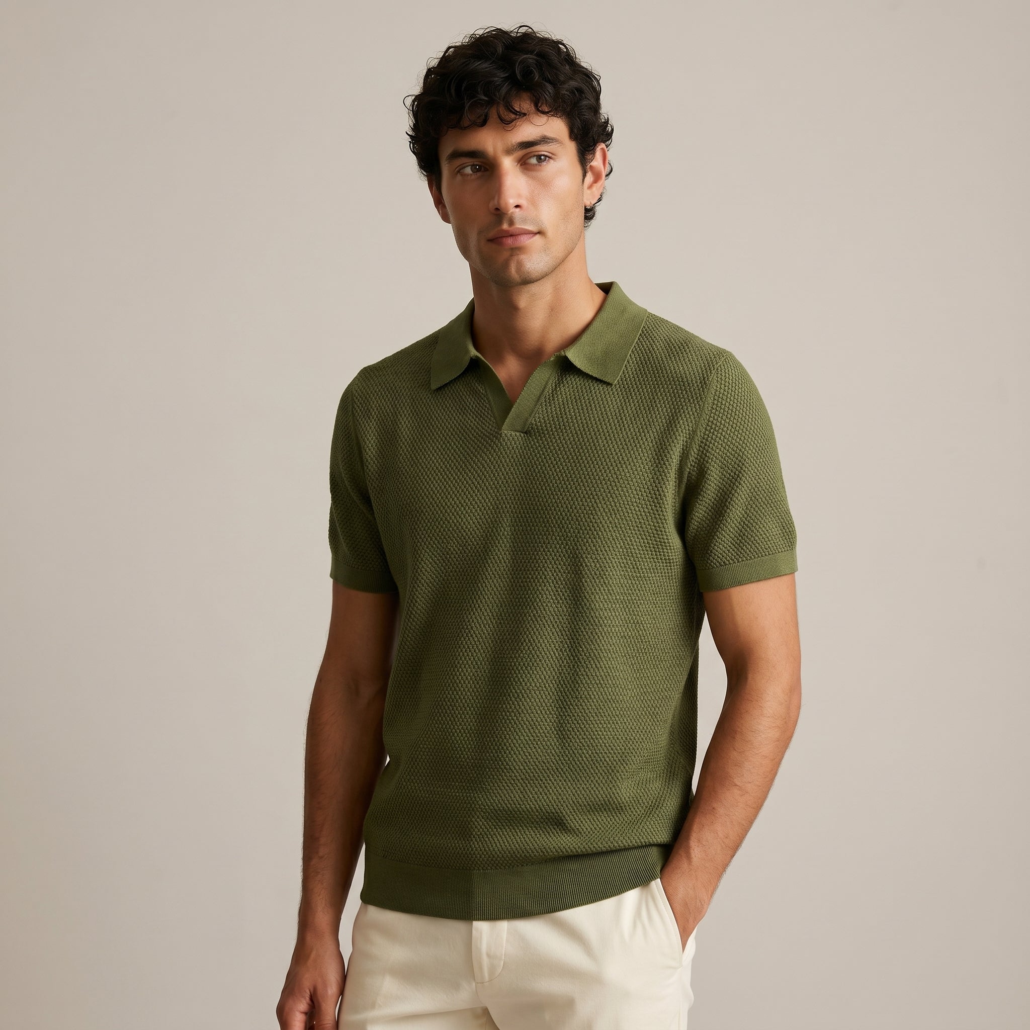 Men's Textured Short-Sleeve Polo Shirt-Azzella London