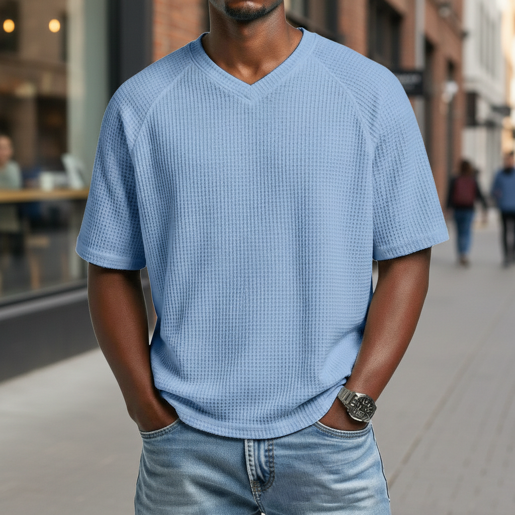 Men's V-Neck Waffle T-Shirt-T-Shirt-Azzella London