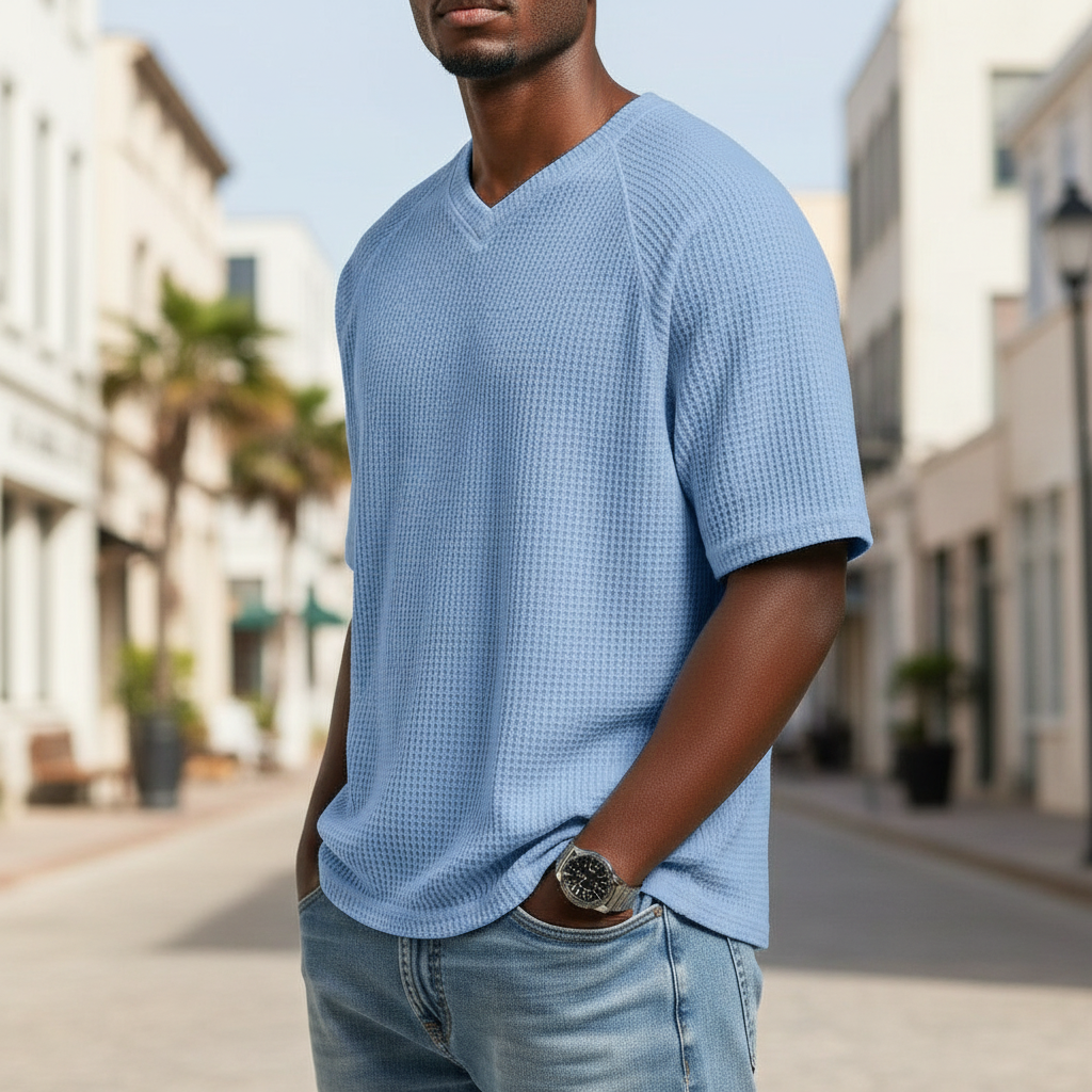 Men's V-Neck Waffle T-Shirt-T-Shirt-Azzella London