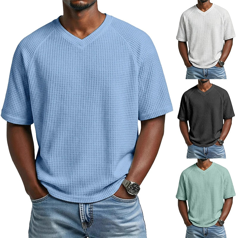 Men's V-Neck Waffle T-Shirt-T-Shirt-Azzella London