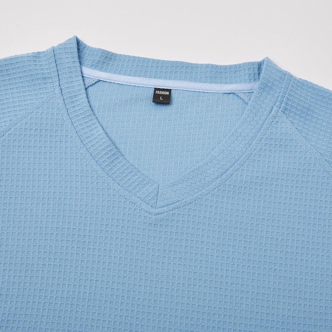 Men's V-Neck Waffle T-Shirt-T-Shirt-Azzella London