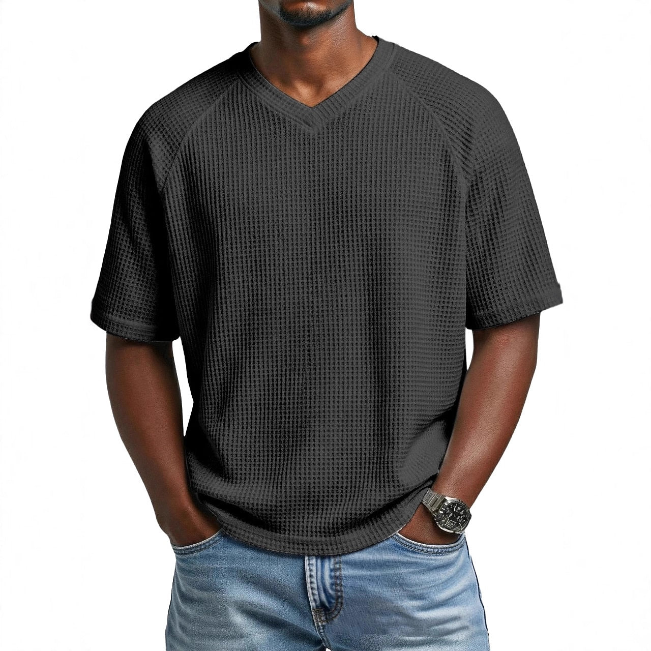 Men's V-Neck Waffle T-Shirt-T-Shirt-Azzella London