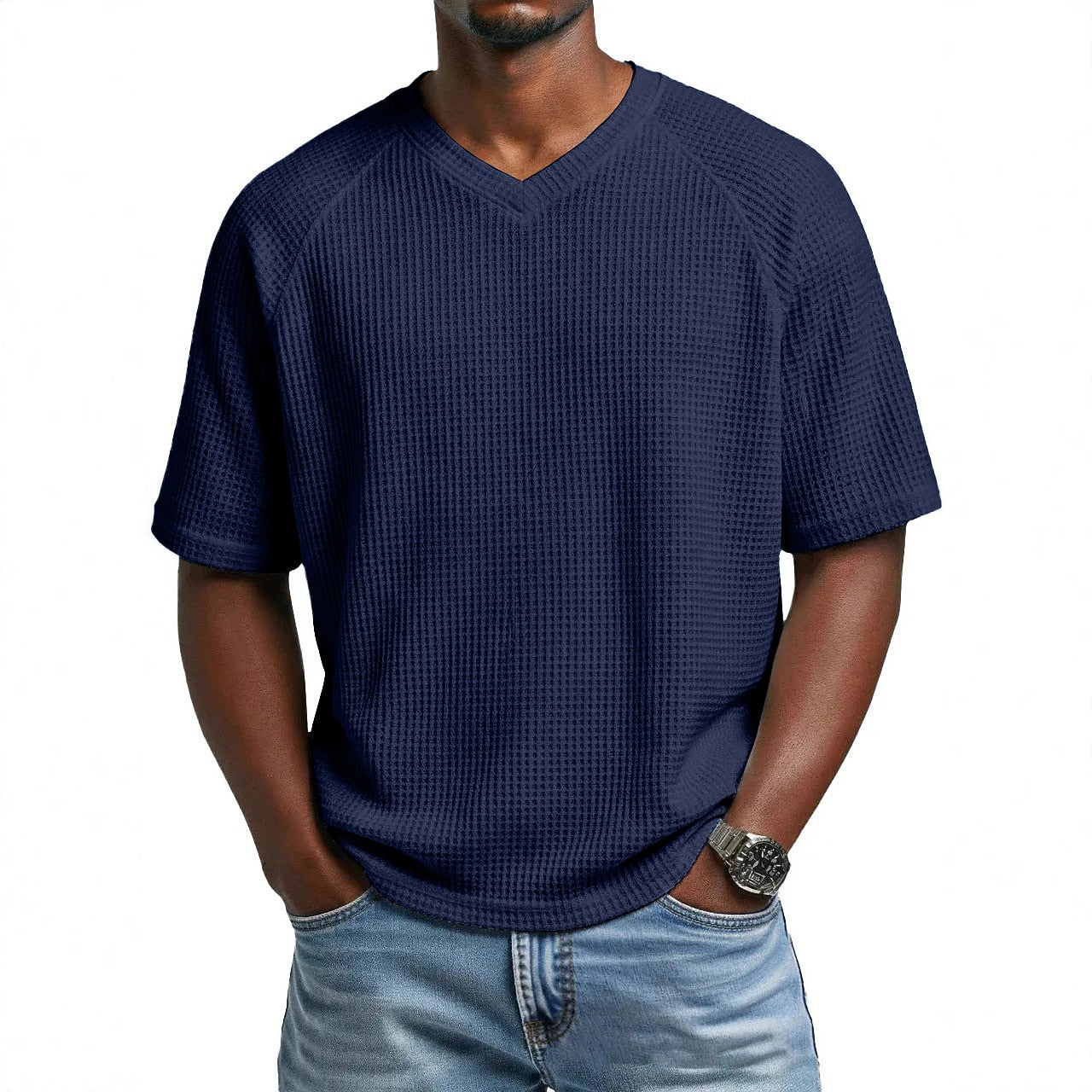 Men's V-Neck Waffle T-Shirt-T-Shirt-Azzella London
