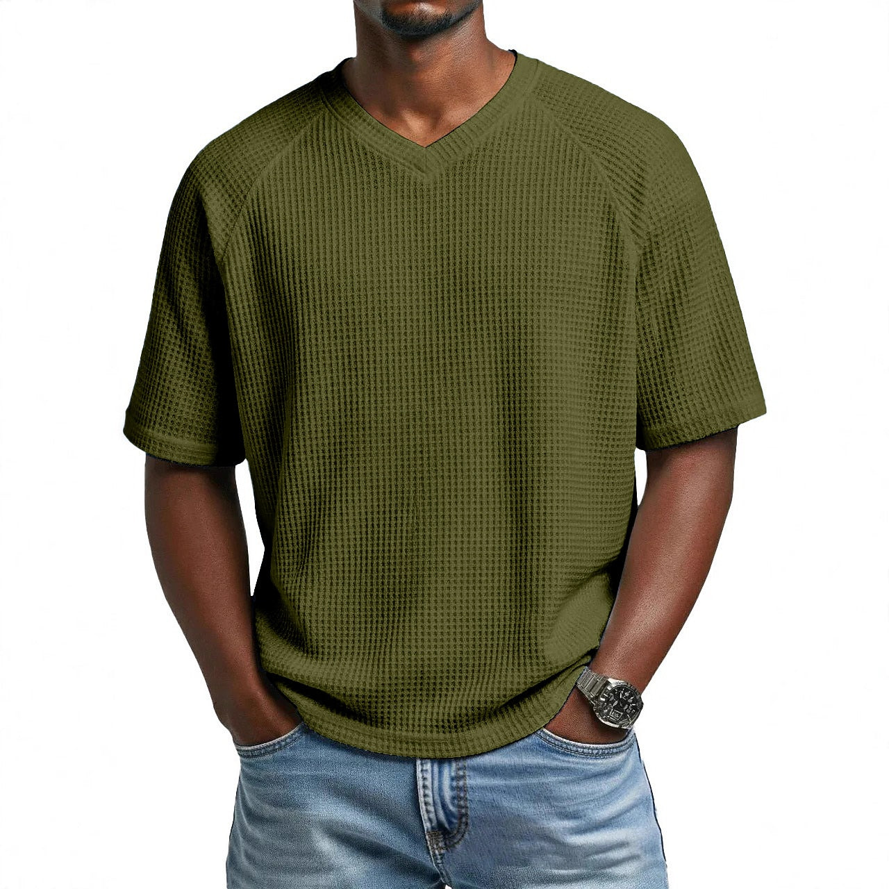 Men's V-Neck Waffle T-Shirt-T-Shirt-Azzella London