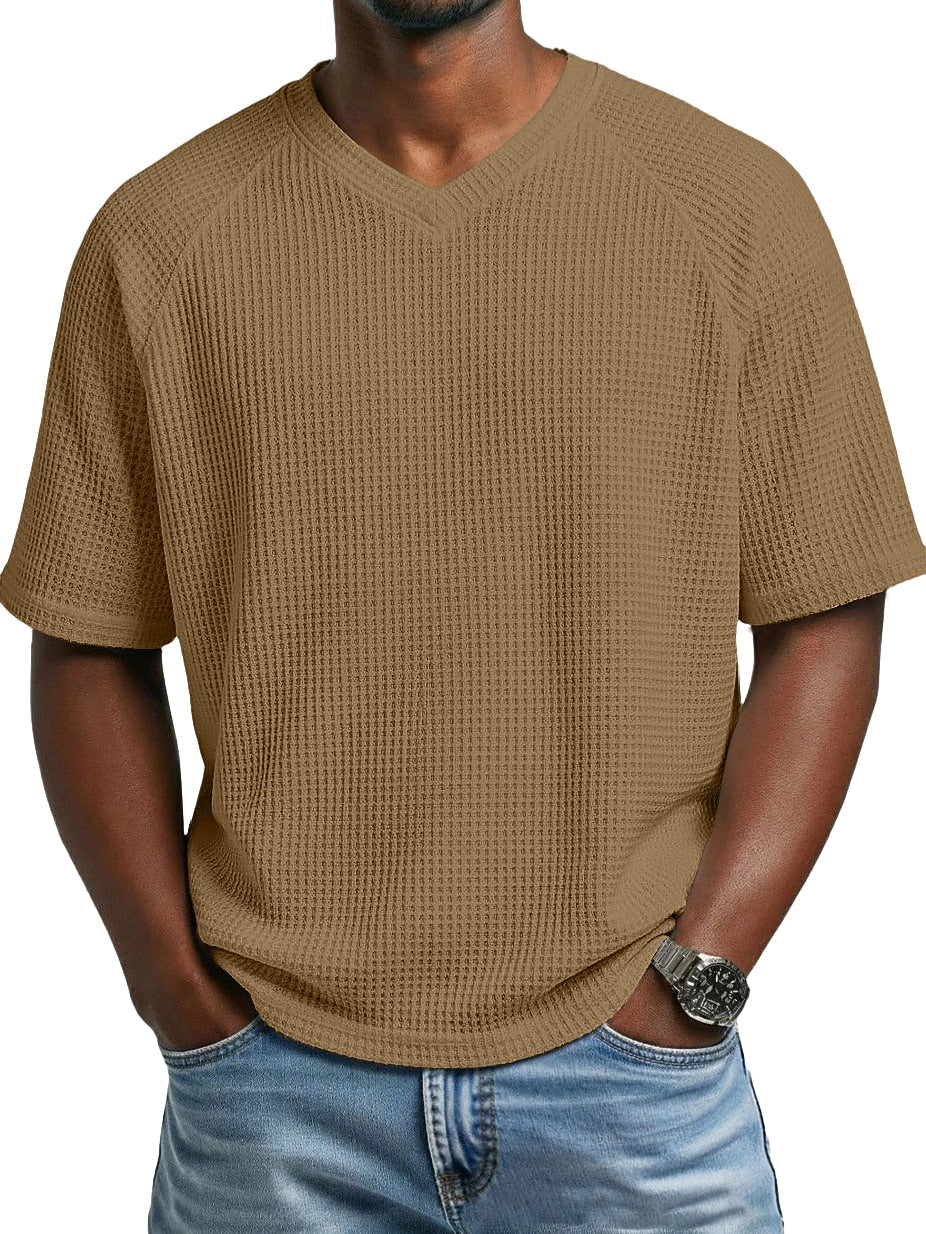 Men's V-Neck Waffle T-Shirt-T-Shirt-Azzella London
