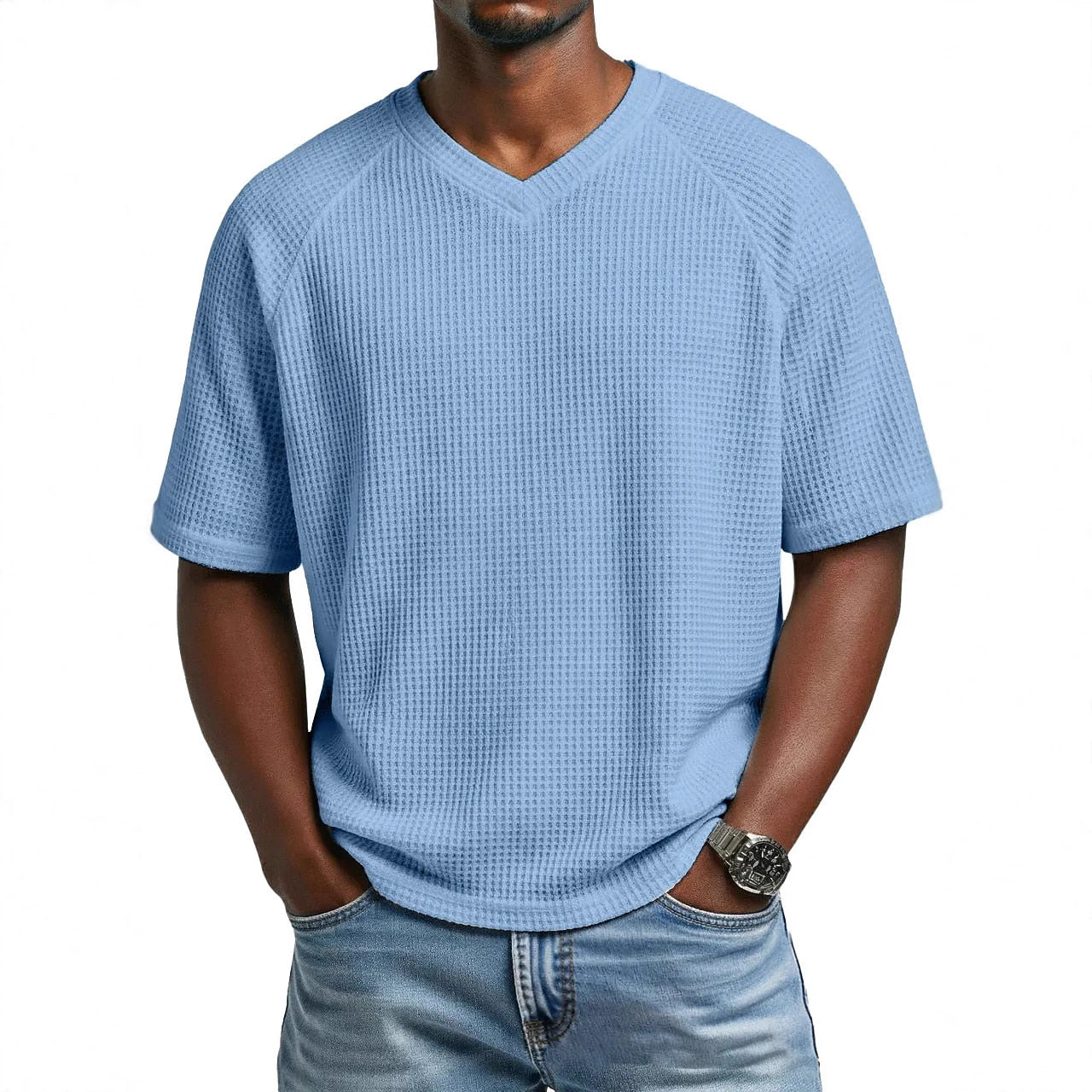 Men's V-Neck Waffle T-Shirt-T-Shirt-Azzella London