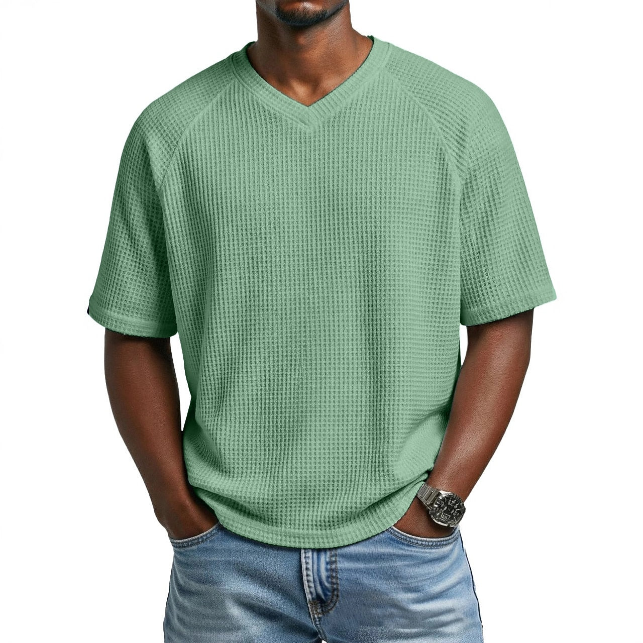 Men's V-Neck Waffle T-Shirt-T-Shirt-Azzella London