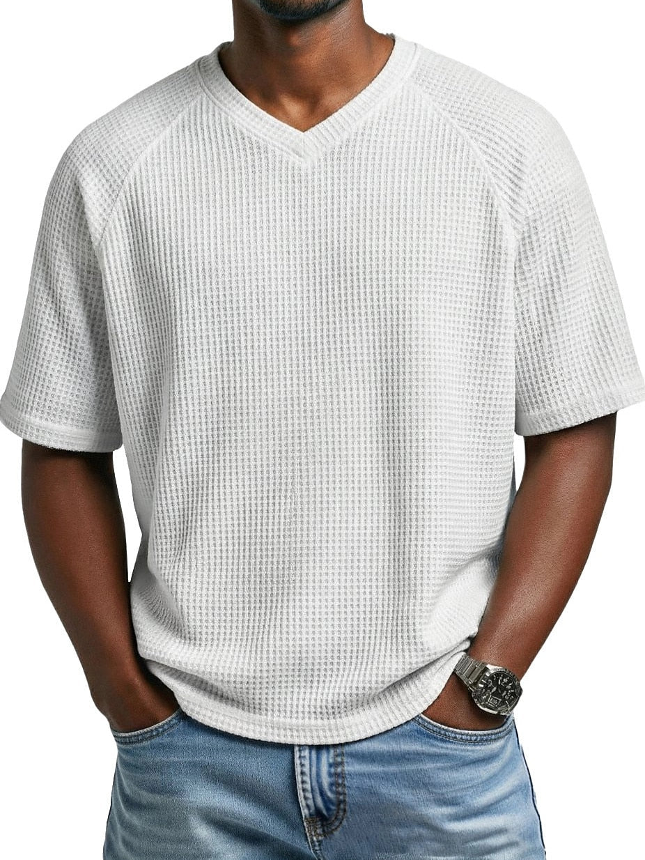 Men's V-Neck Waffle T-Shirt-T-Shirt-Azzella London