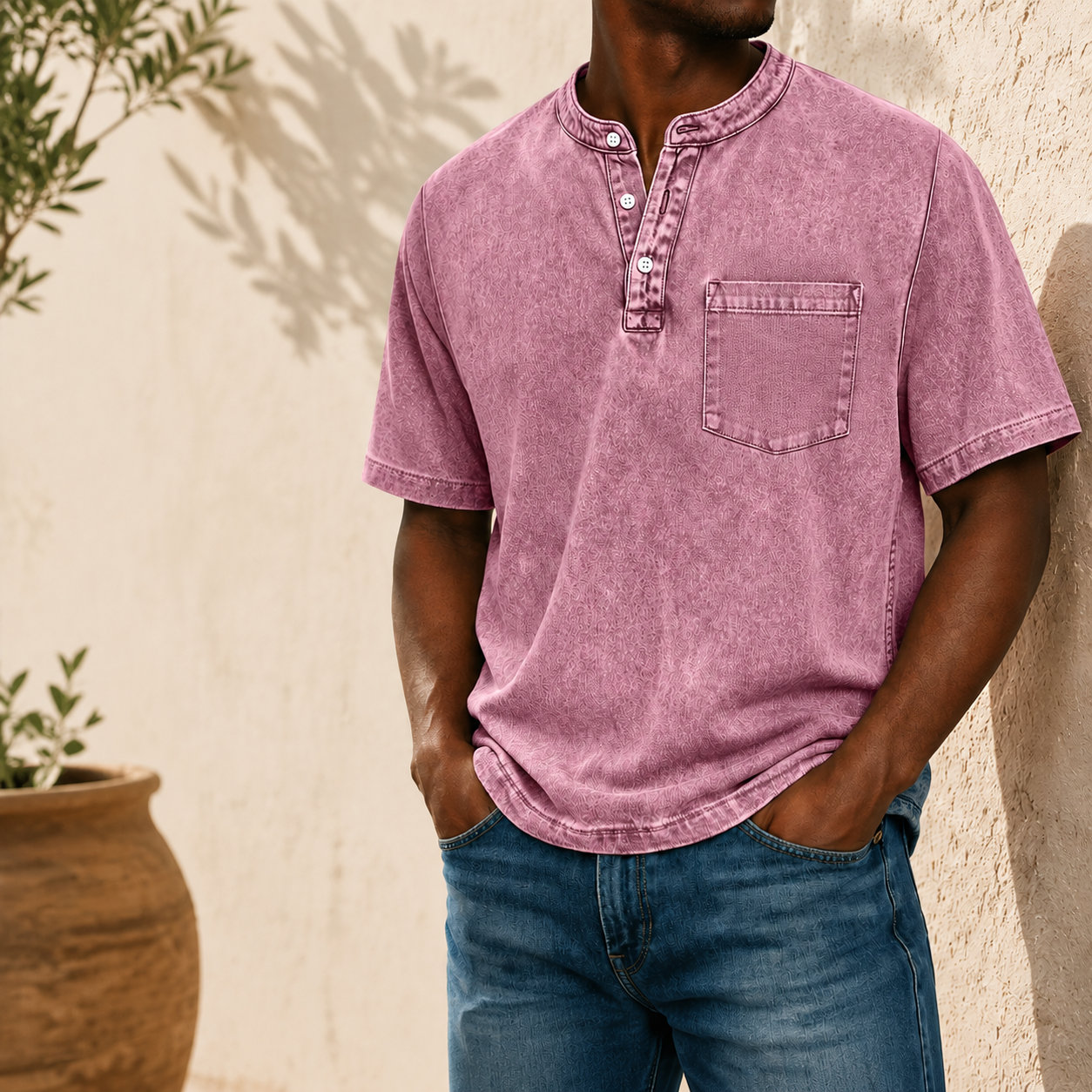 Men's Vintage-Wash Cotton Henley Tee-T-Shirt-Azzella London
