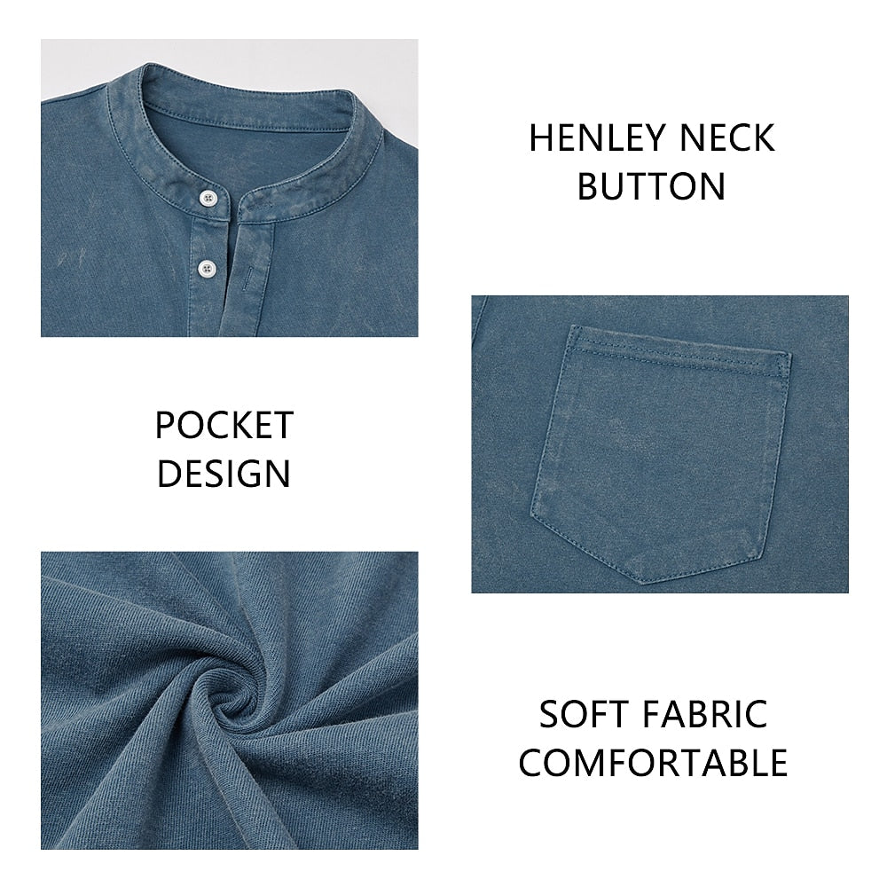Men's Vintage-Wash Cotton Henley Tee-T-Shirt-Azzella London