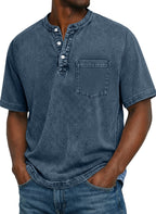 Men's Vintage-Wash Cotton Henley Tee-T-Shirt-Azzella London