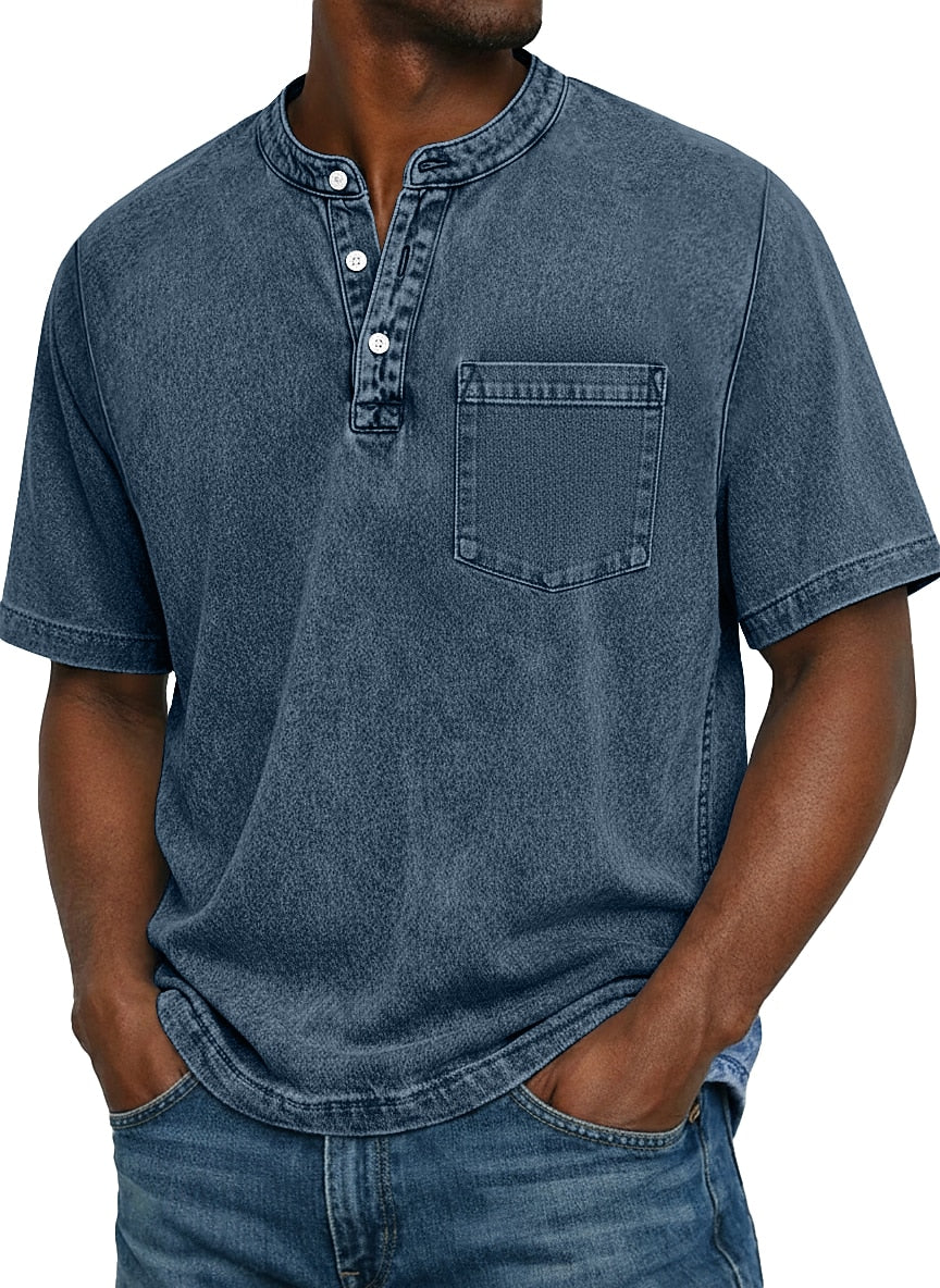 Men's Vintage-Wash Cotton Henley Tee-T-Shirt-Azzella London