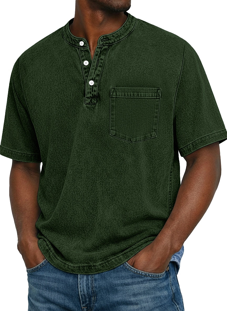 Men's Vintage-Wash Cotton Henley Tee-T-Shirt-Azzella London