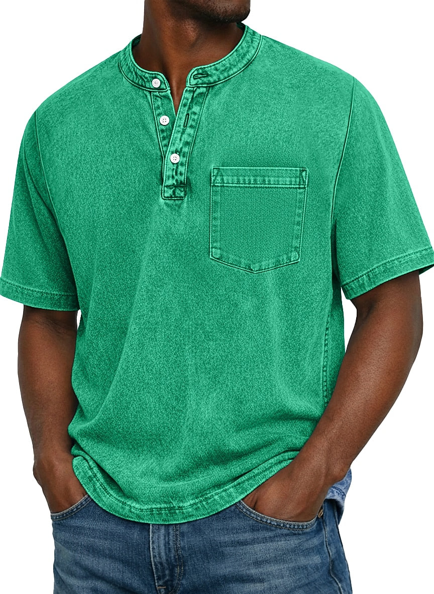 Men's Vintage-Wash Cotton Henley Tee-T-Shirt-Azzella London